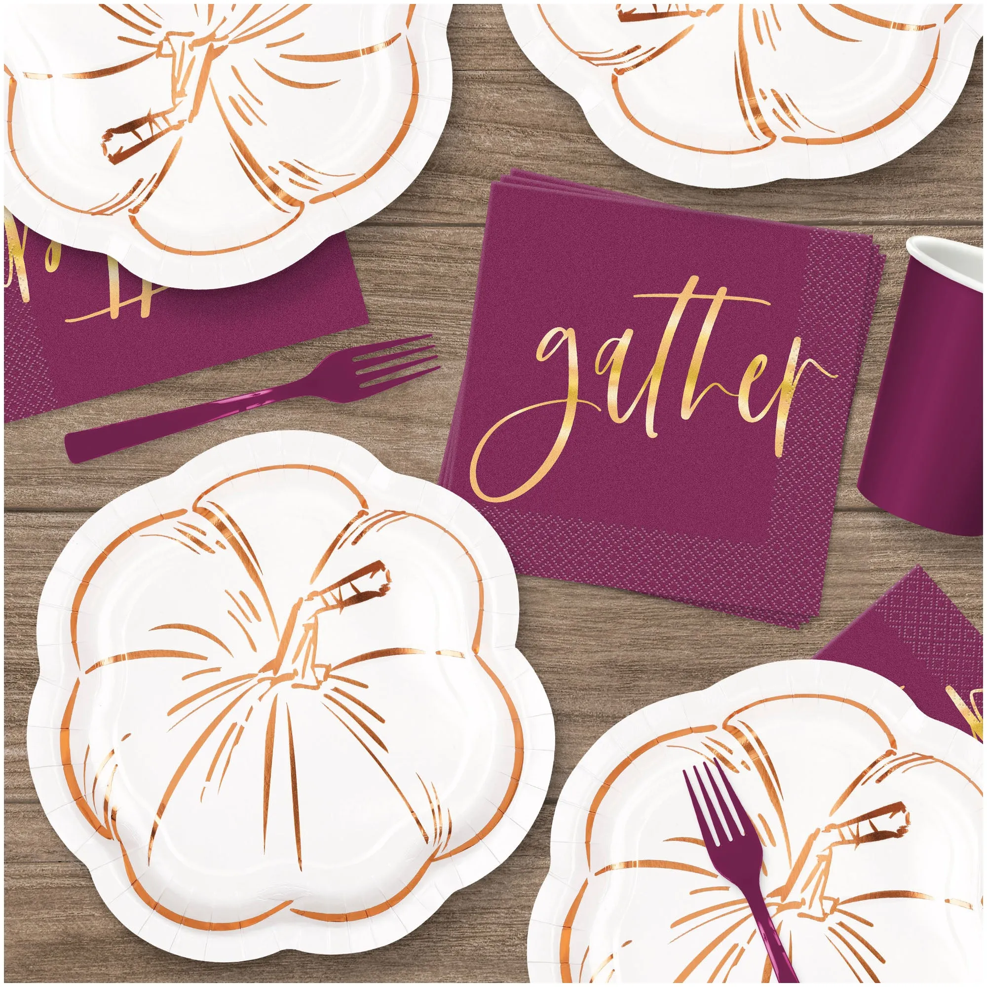 Modern Thanksgiving Pumpkin-Shaped Metallic Paper Dinner Plates and Gather Lunch Napkins for Fall Parties and Thanksgiving Meals (Serves 16)