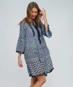 Navy and White Nautical Print Dress with Bell Sleeves