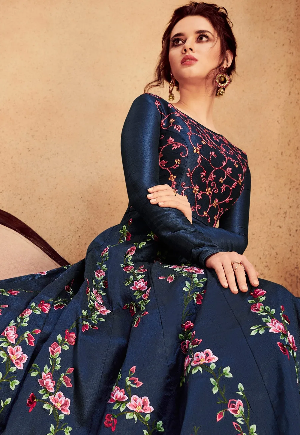 Navy Blue Floral Embroidered Silk Anarkali Suit