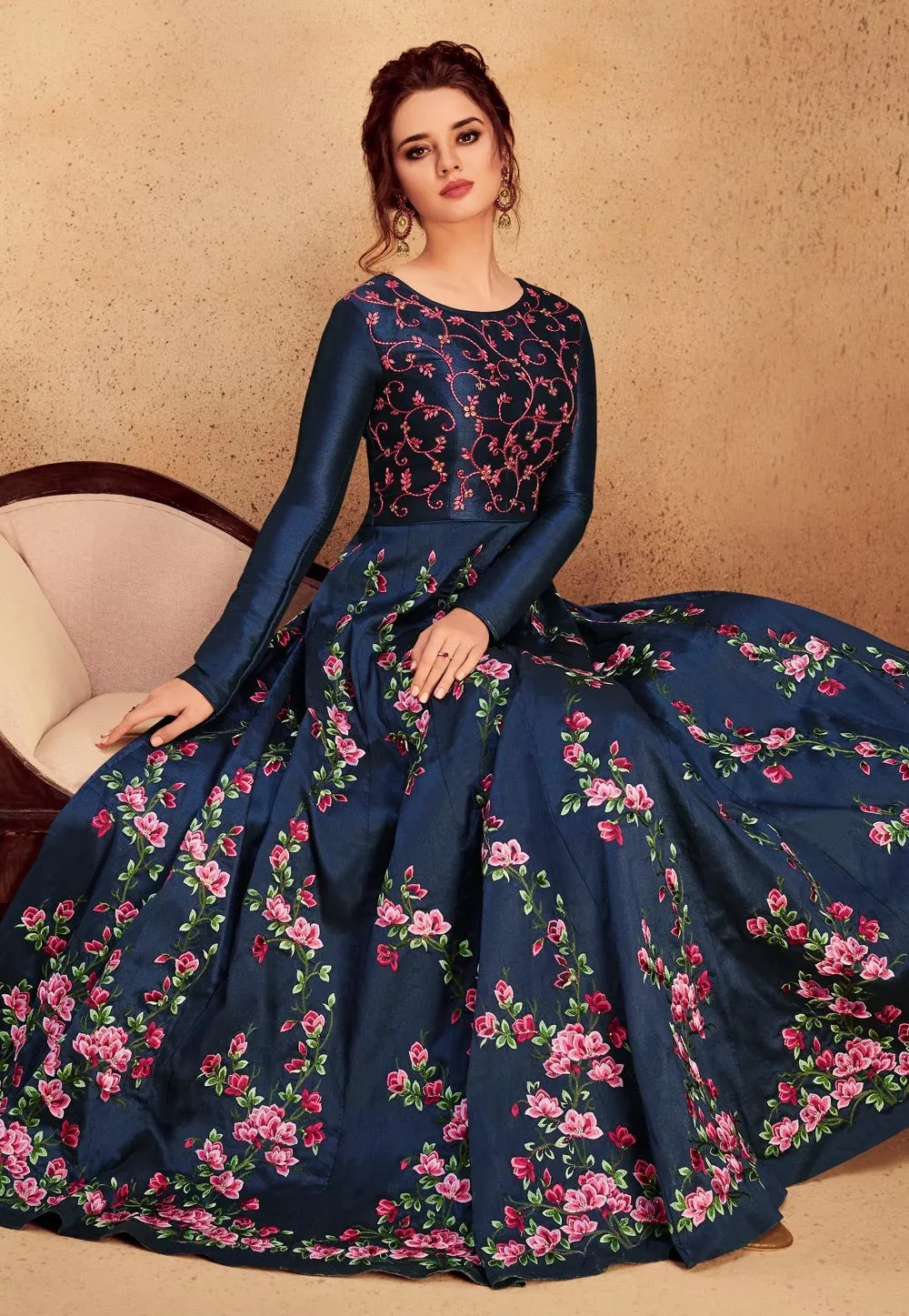 Navy Blue Floral Embroidered Silk Anarkali Suit