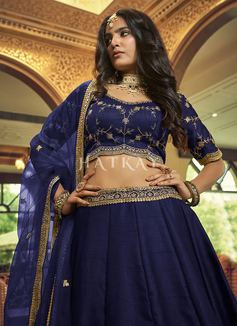 Navy Blue Zari And Sequence Embroidered Silk Lehenga Choli