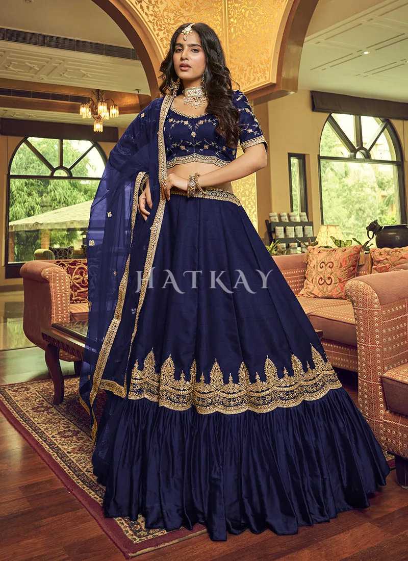 Navy Blue Zari And Sequence Embroidered Silk Lehenga Choli