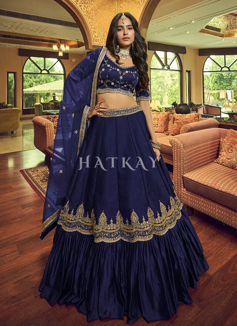 Navy Blue Zari And Sequence Embroidered Silk Lehenga Choli