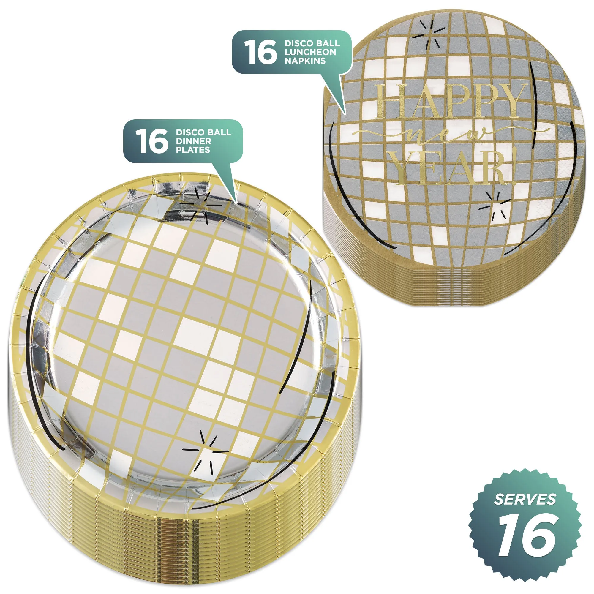 New Year Metallic Silver & Gold Disco Ball-Shaped Paper Plates and Napkins (Serves 16)