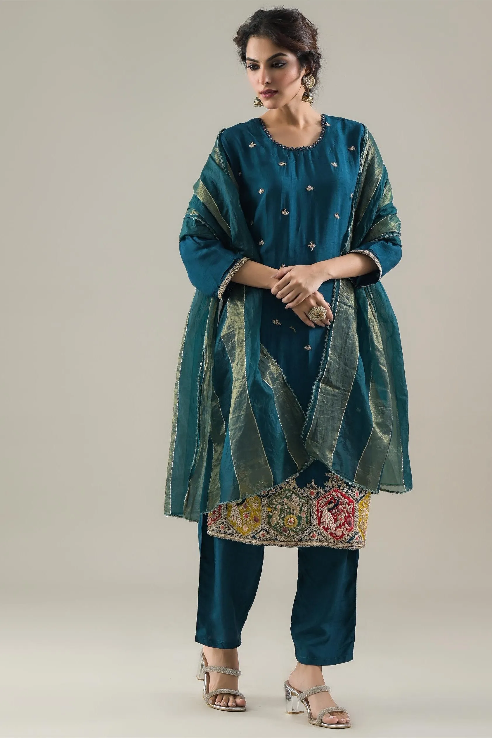 Ocean Blue Embroidered Raw Silk Pants Set