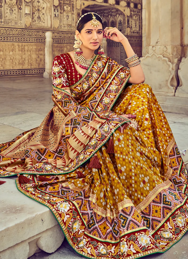 Ochre Yellow Embroidered Patola Silk Wedding Saree