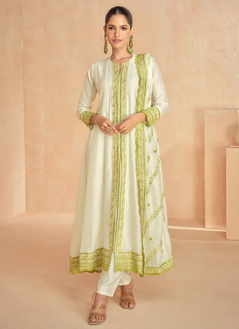 Off White And Green Embroidery Slit Style Silk Anarkali Suit