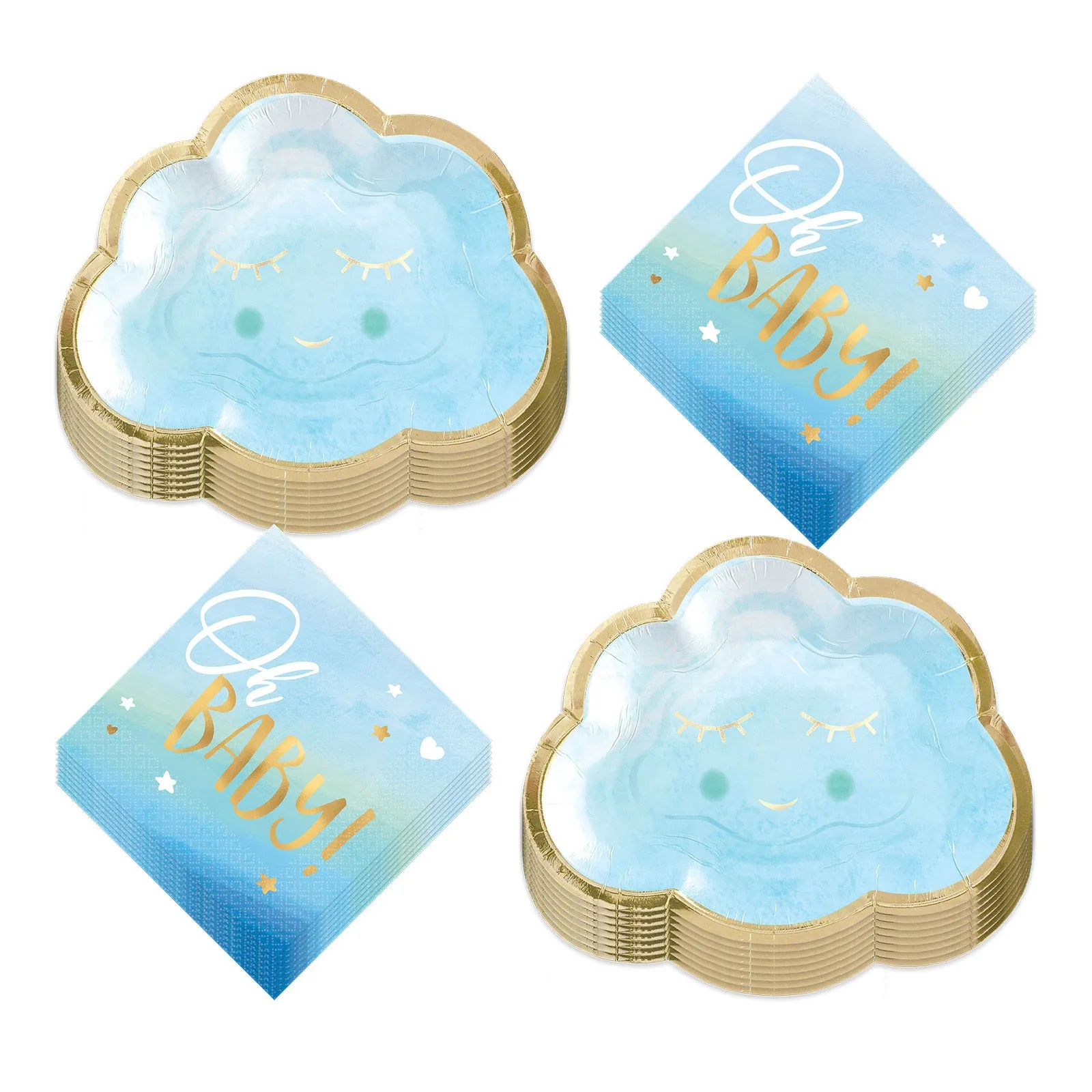 Oh Baby Blue & Metallic Gold Cloud Shaped Paper Dessert Plates and Beverage Napkins (Serves 16)