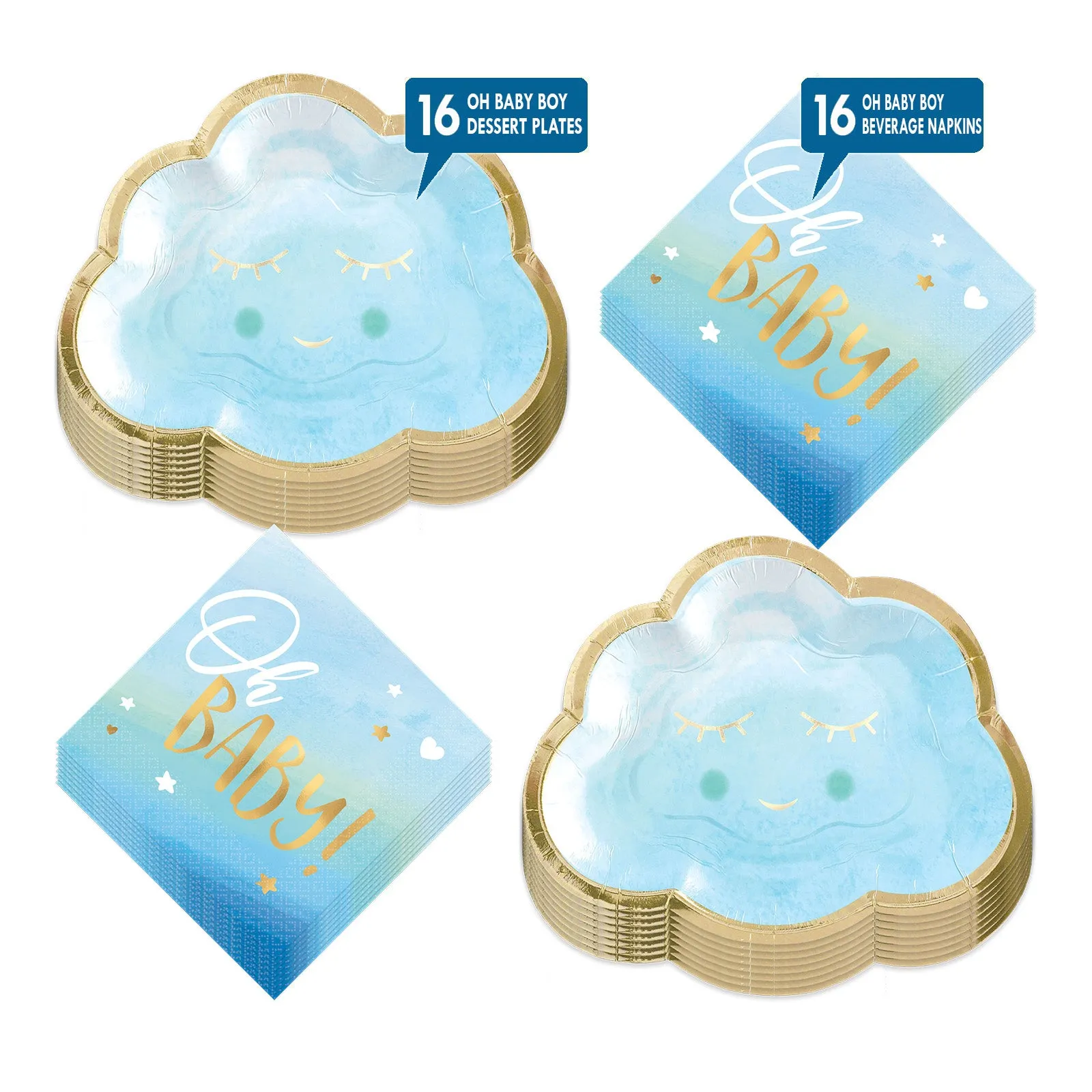 Oh Baby Blue & Metallic Gold Cloud Shaped Paper Dessert Plates and Beverage Napkins (Serves 16)