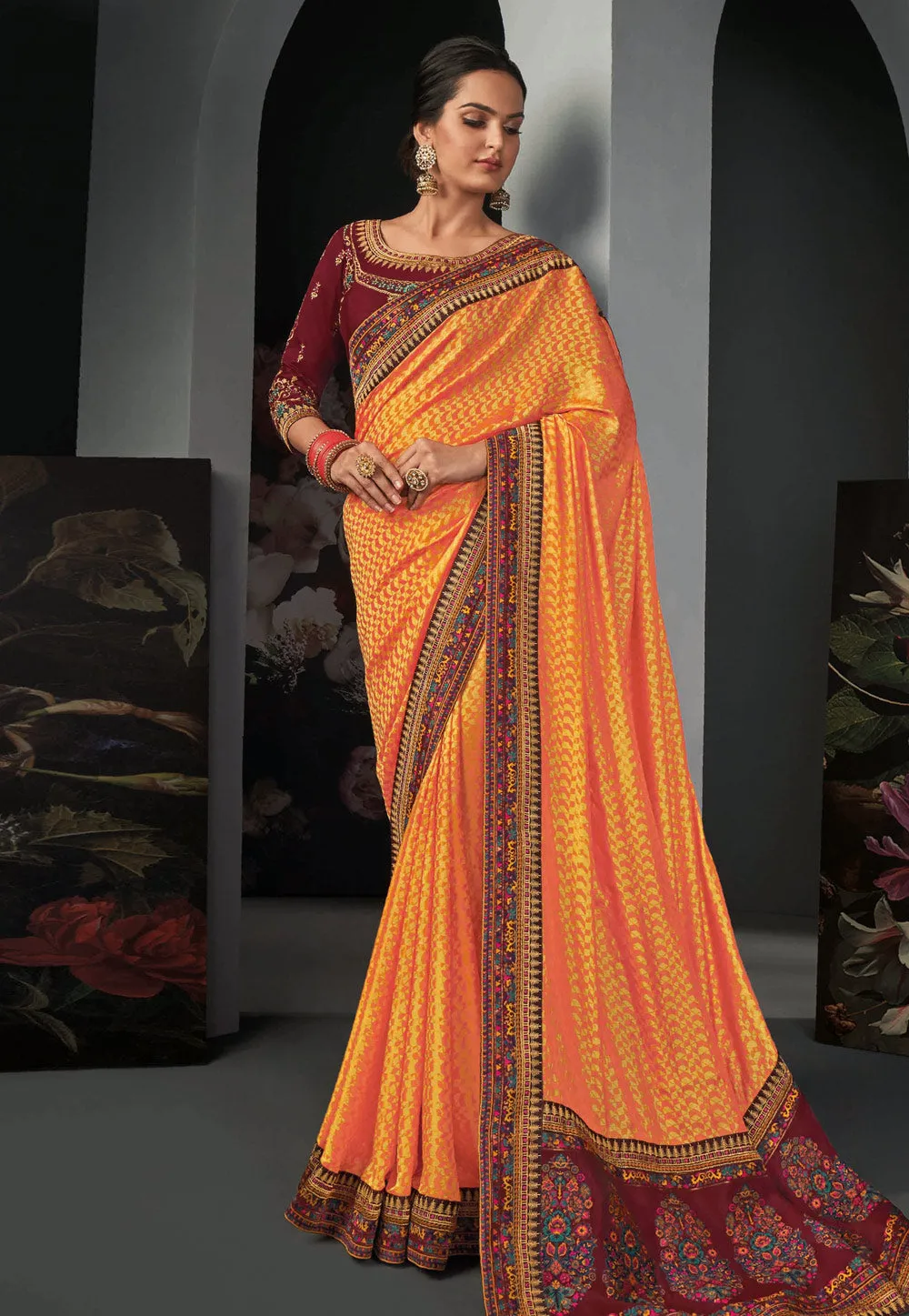 Orange And Maroon Traditional Embroidered Silk Saree