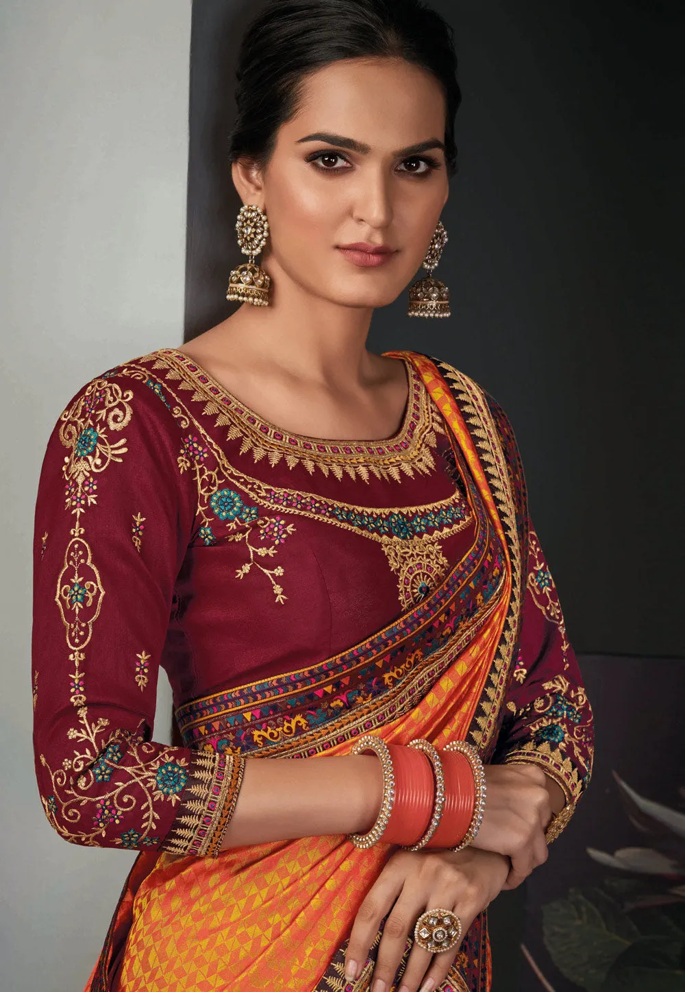 Orange And Maroon Traditional Embroidered Silk Saree