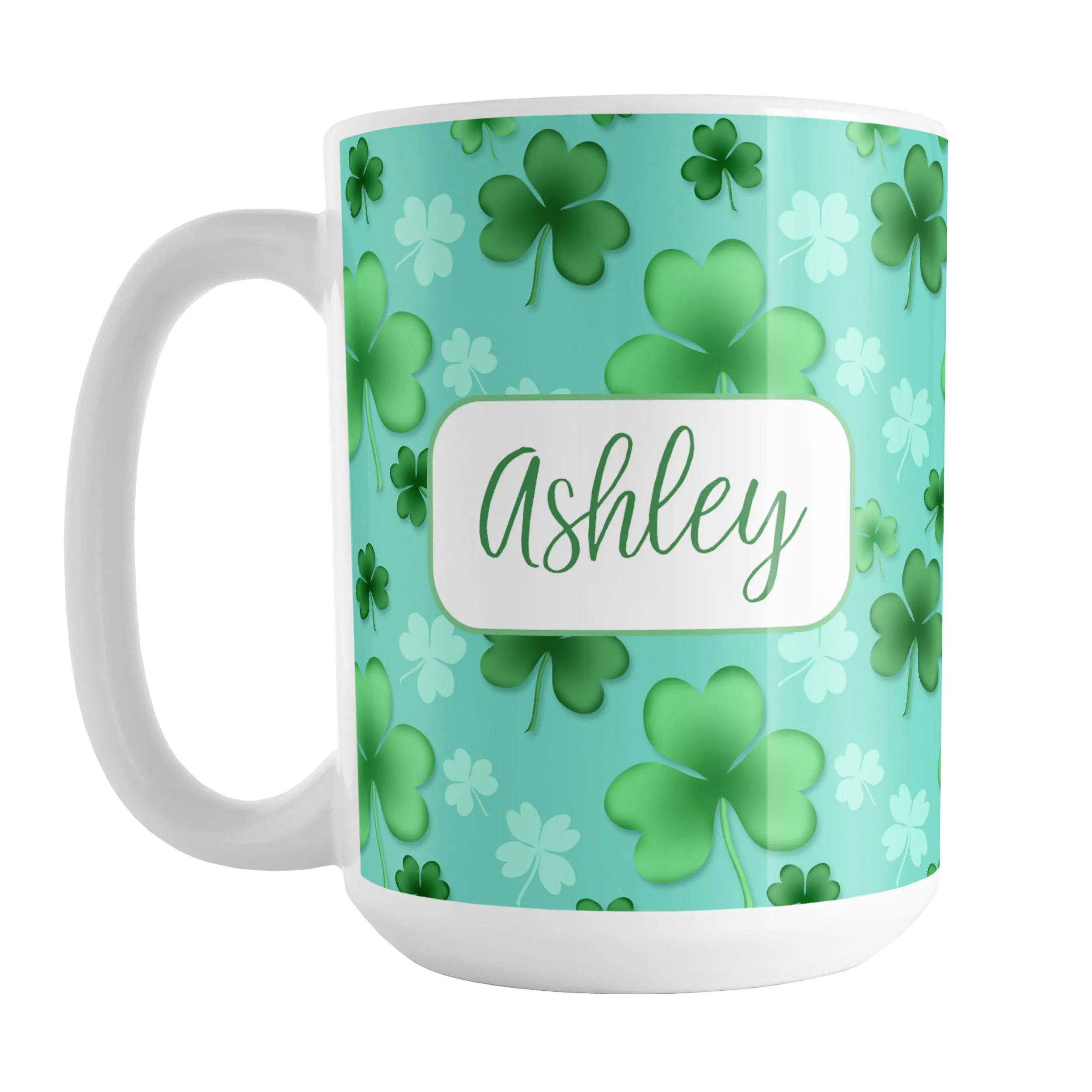 Personalized Lucky Clover Pattern Teal and Green Mug