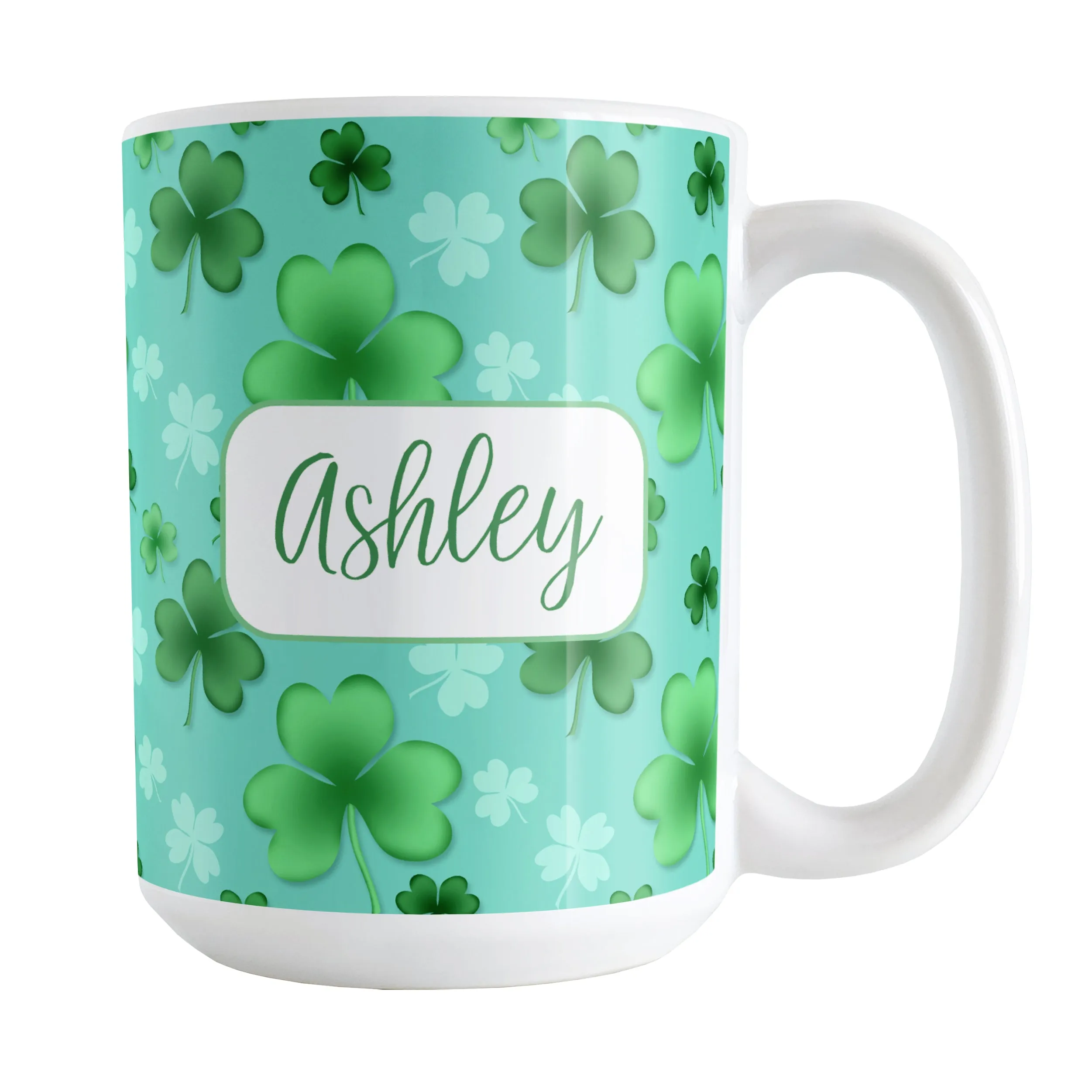 Personalized Lucky Clover Pattern Teal and Green Mug