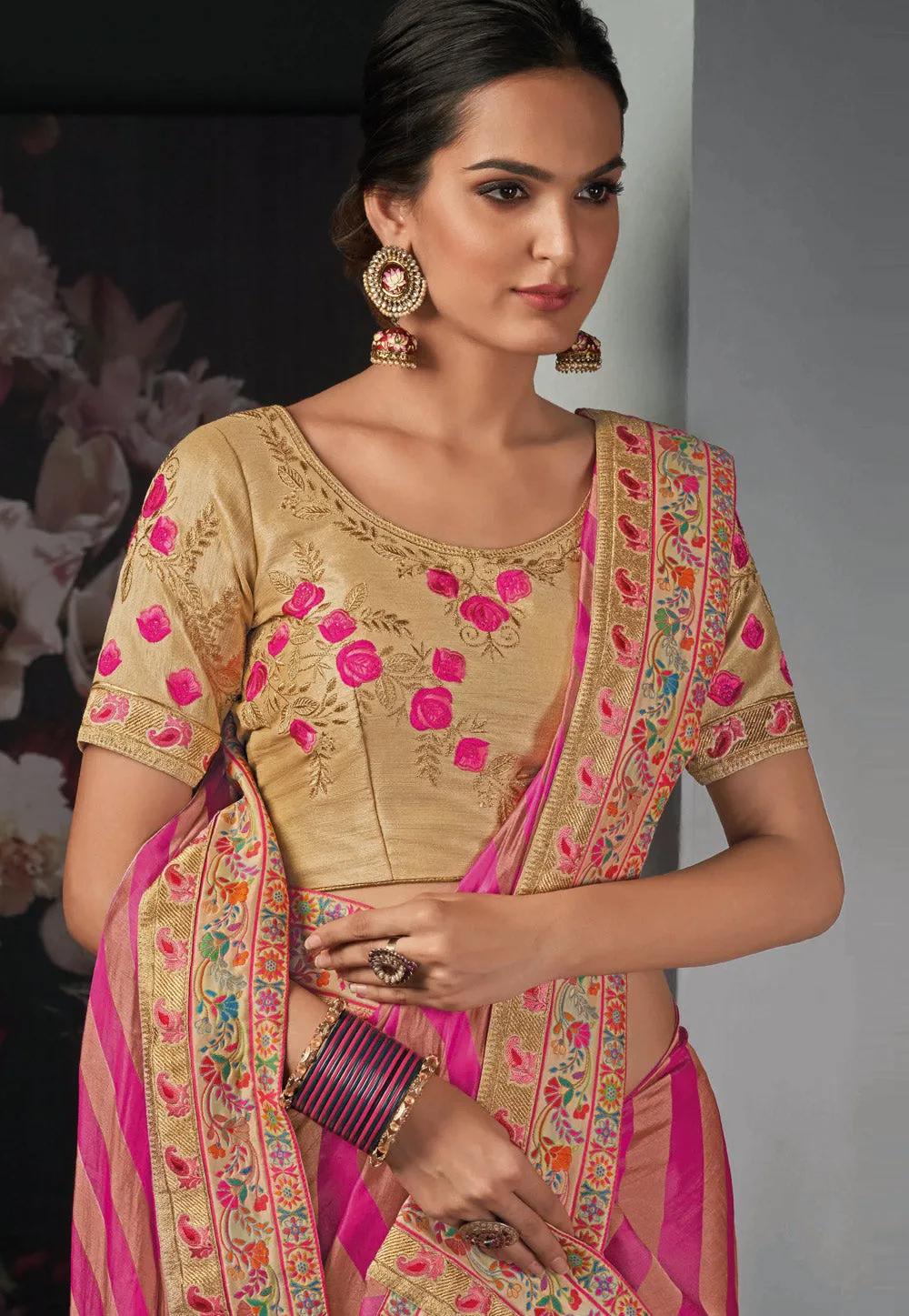 Pink And Beige Multi Embroidered Silk Saree