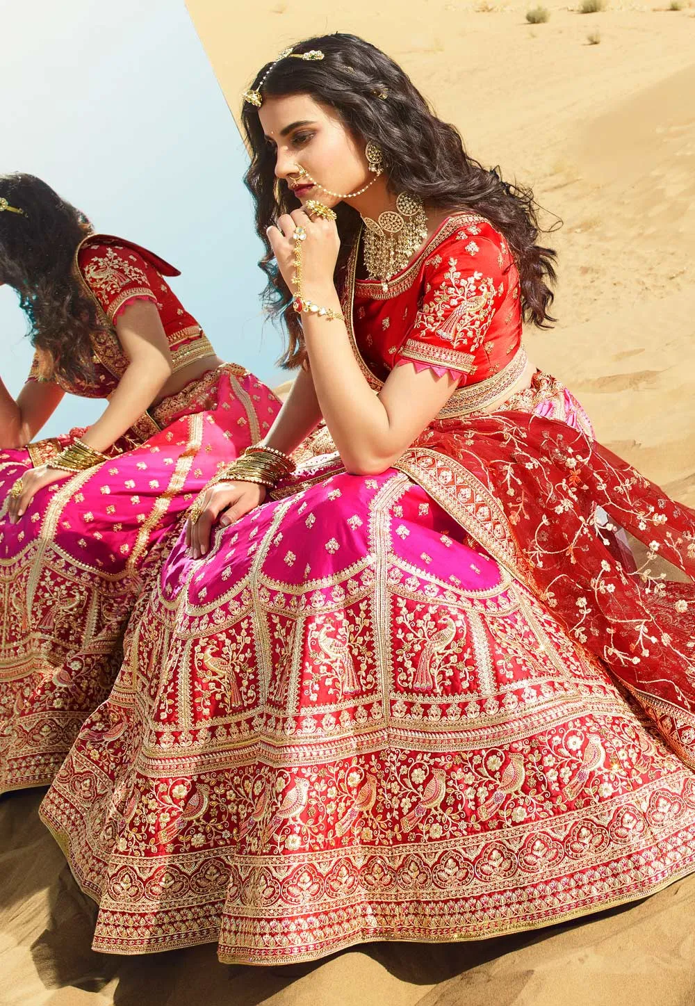 Pink And Crimson Embroidered Wedding Lehenga Choli