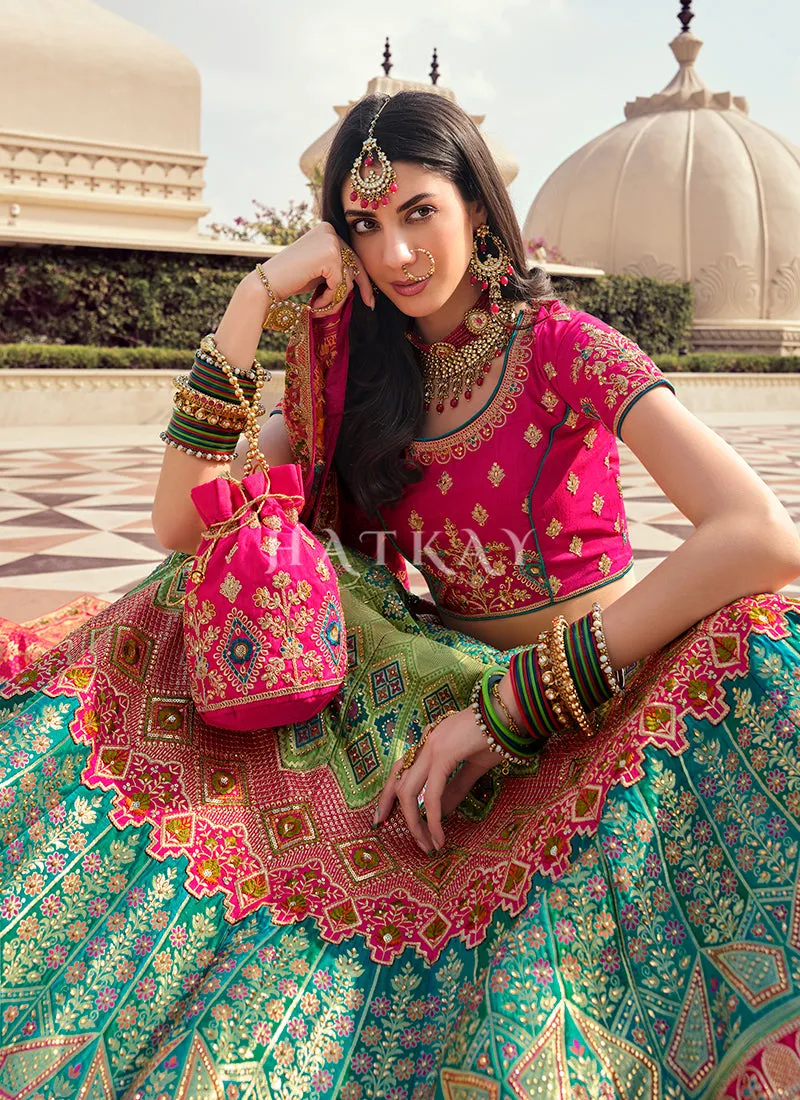 Pink And Green Multi Traditional Embroidered Wedding Lehenga Choli