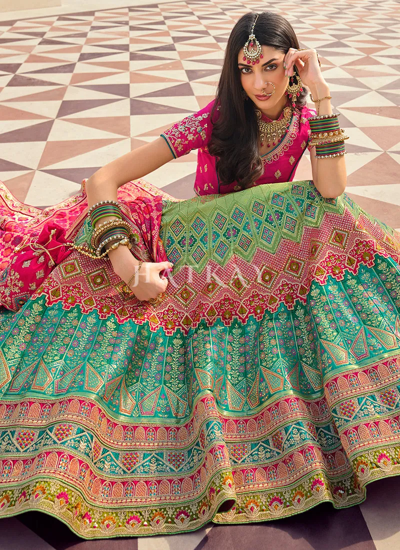 Pink And Green Multi Traditional Embroidered Wedding Lehenga Choli