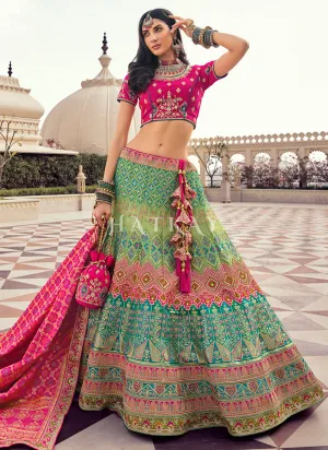 Pink And Green Multi Traditional Embroidered Wedding Lehenga Choli