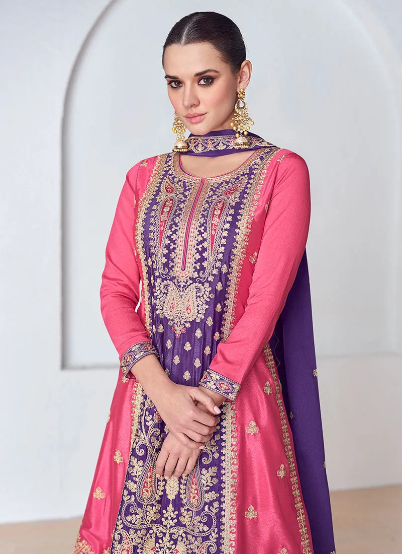 Pink And Purple Embroidered Wedding Palazzo Suit