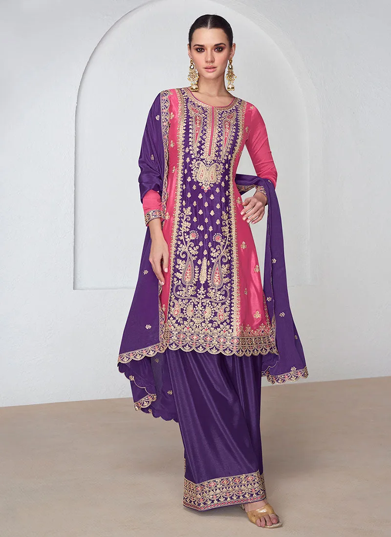 Pink And Purple Embroidered Wedding Palazzo Suit