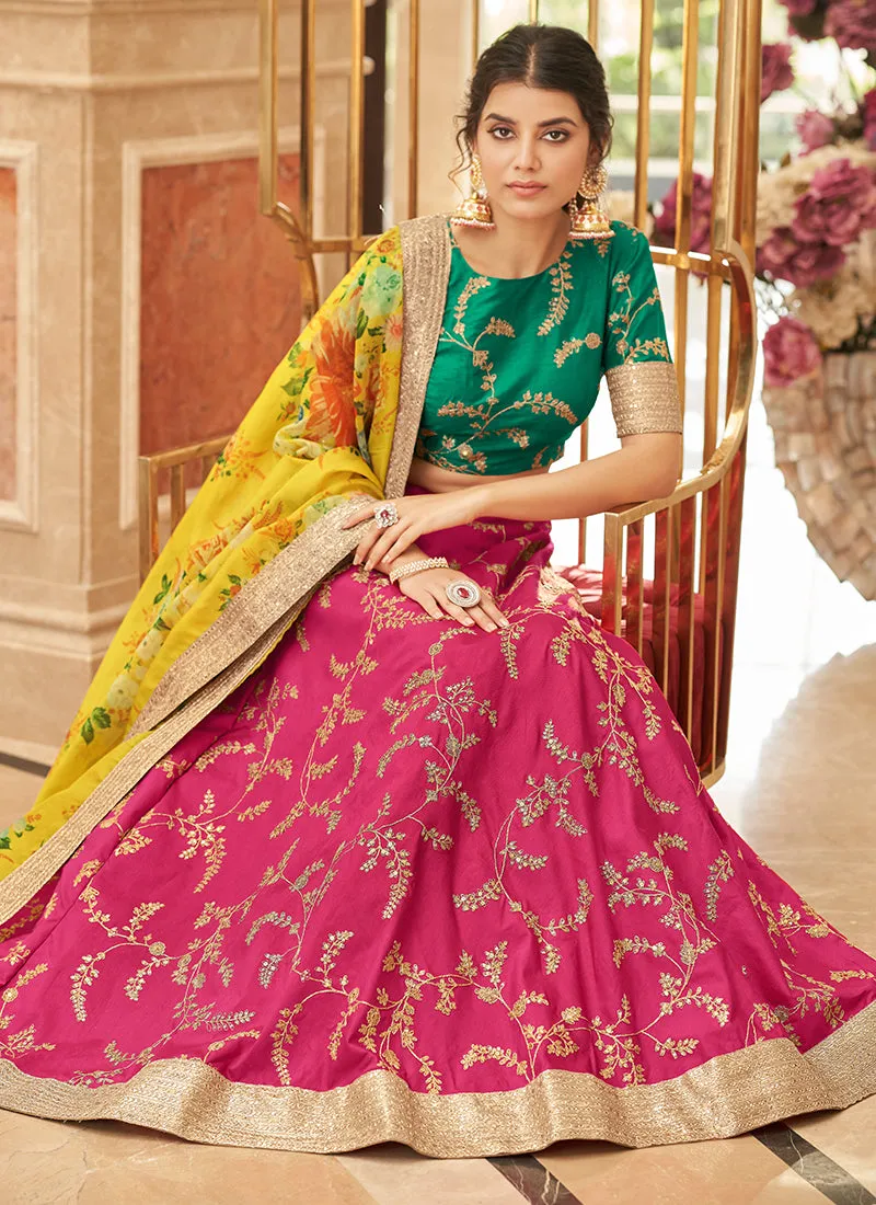 Pink And Yellow Embroidery Wedding Lehenga Choli