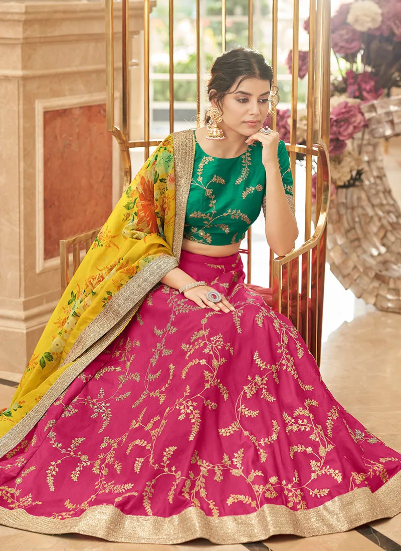 Pink And Yellow Embroidery Wedding Lehenga Choli