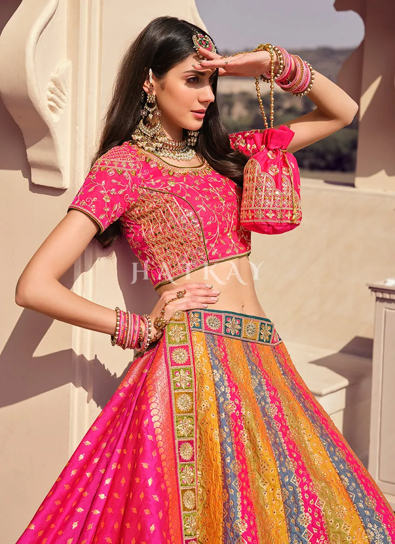 Pink And Yellow Multi Traditional Embroidered Wedding Lehenga Choli