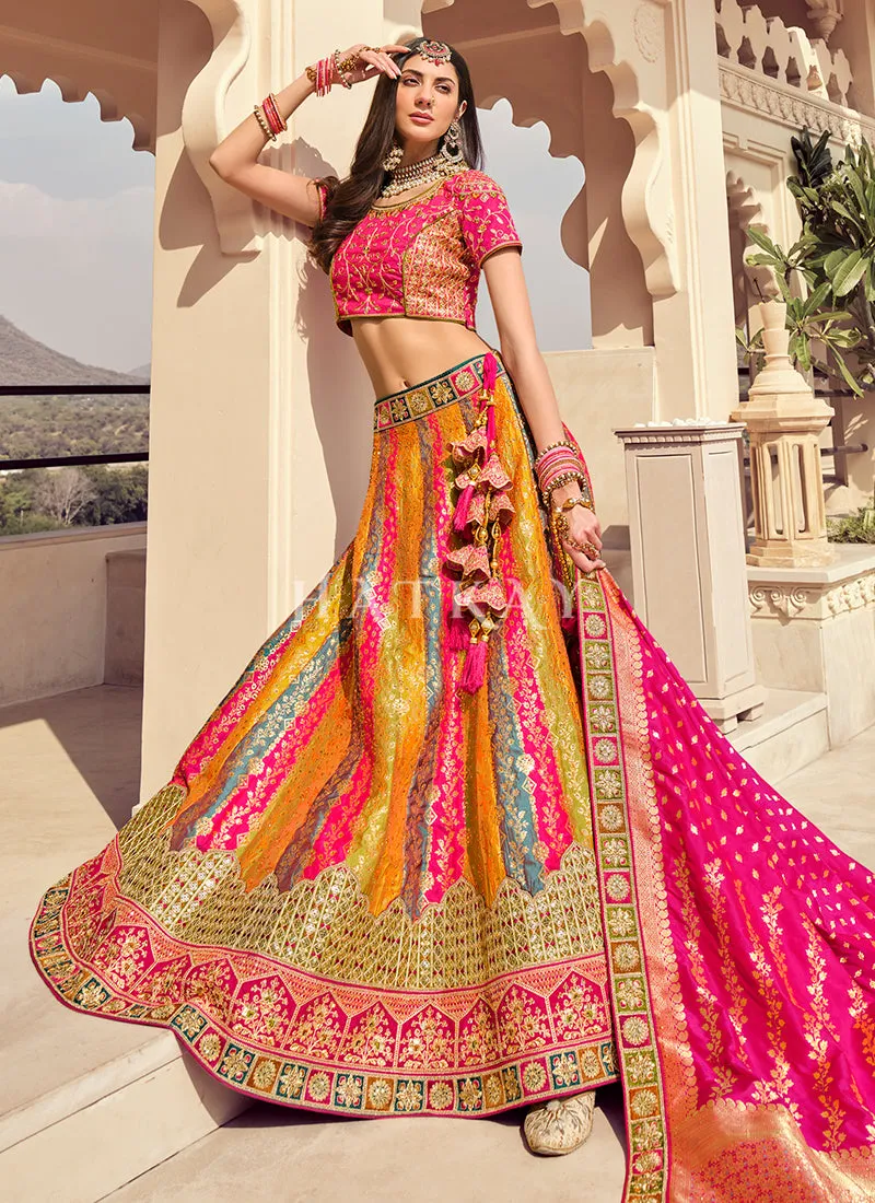 Pink And Yellow Multi Traditional Embroidered Wedding Lehenga Choli