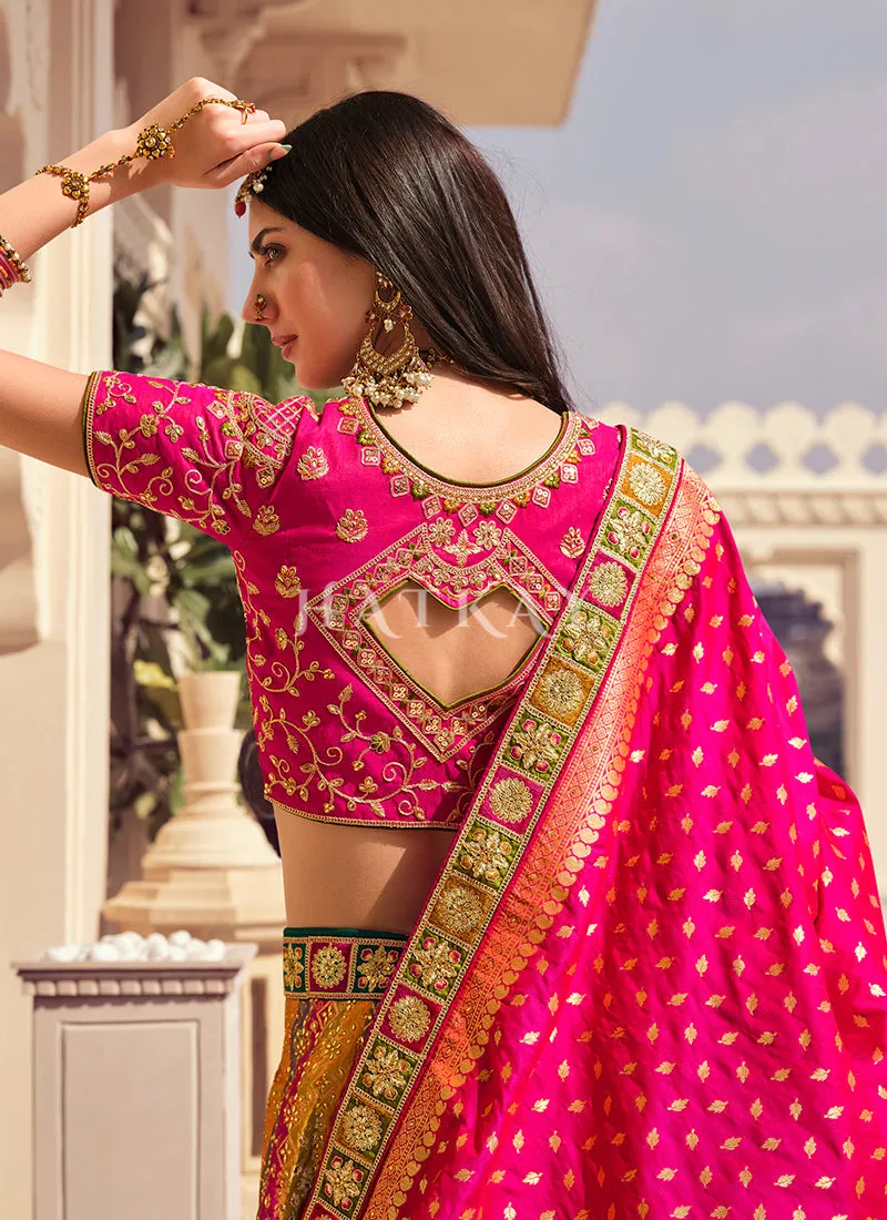 Pink And Yellow Multi Traditional Embroidered Wedding Lehenga Choli