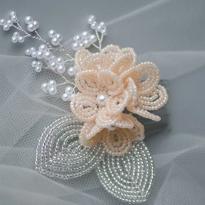 Pink French Beaded Flower Cluster Hair Accessory for Brides and Bridesmaids, Handmade Headpiece