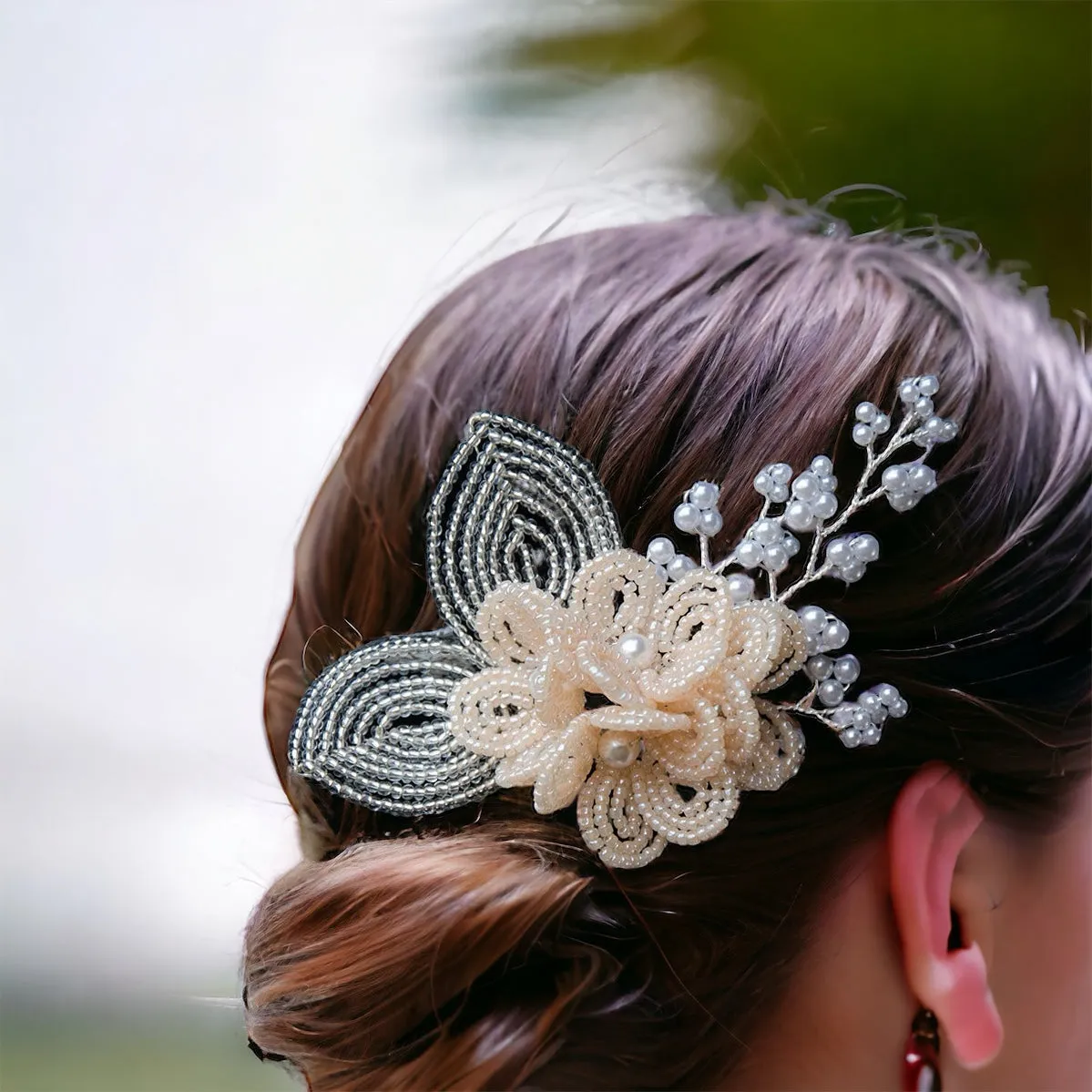 Pink French Beaded Flower Cluster Hair Accessory for Brides and Bridesmaids, Handmade Headpiece