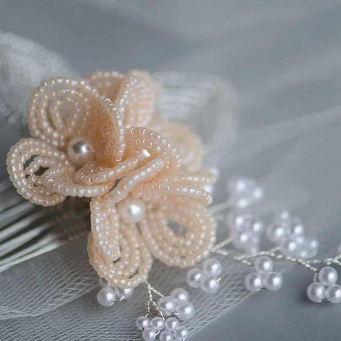 Pink French Beaded Flower Cluster Hair Accessory for Brides and Bridesmaids, Handmade Headpiece