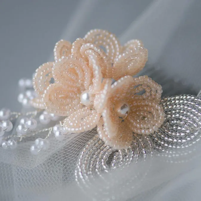 Pink French Beaded Flower Cluster Hair Accessory for Brides and Bridesmaids, Handmade Headpiece