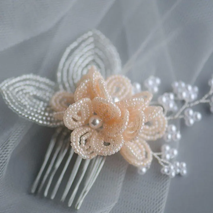 Pink French Beaded Flower Cluster Hair Accessory for Brides and Bridesmaids, Handmade Headpiece