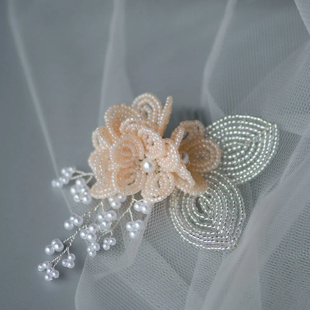 Pink French Beaded Flower Cluster Hair Accessory for Brides and Bridesmaids, Handmade Headpiece