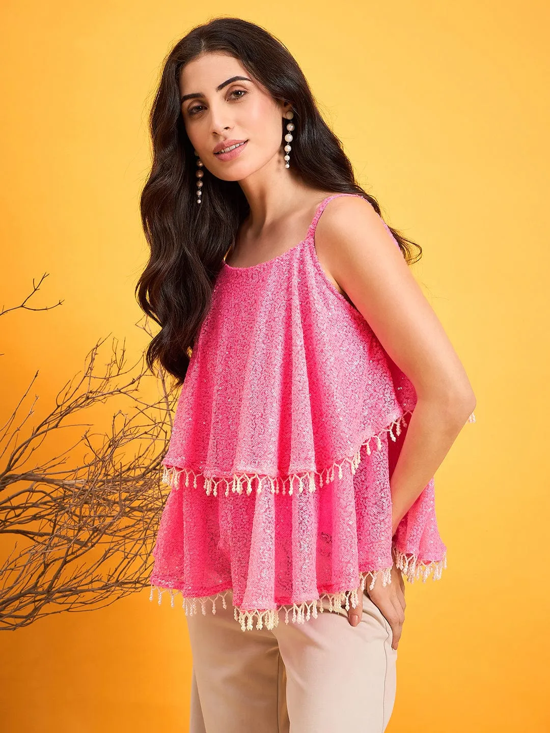 Pink Sequined Glam Beaded Peplum Top