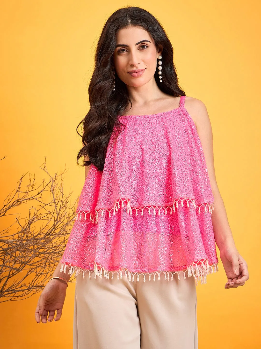 Pink Sequined Glam Beaded Peplum Top