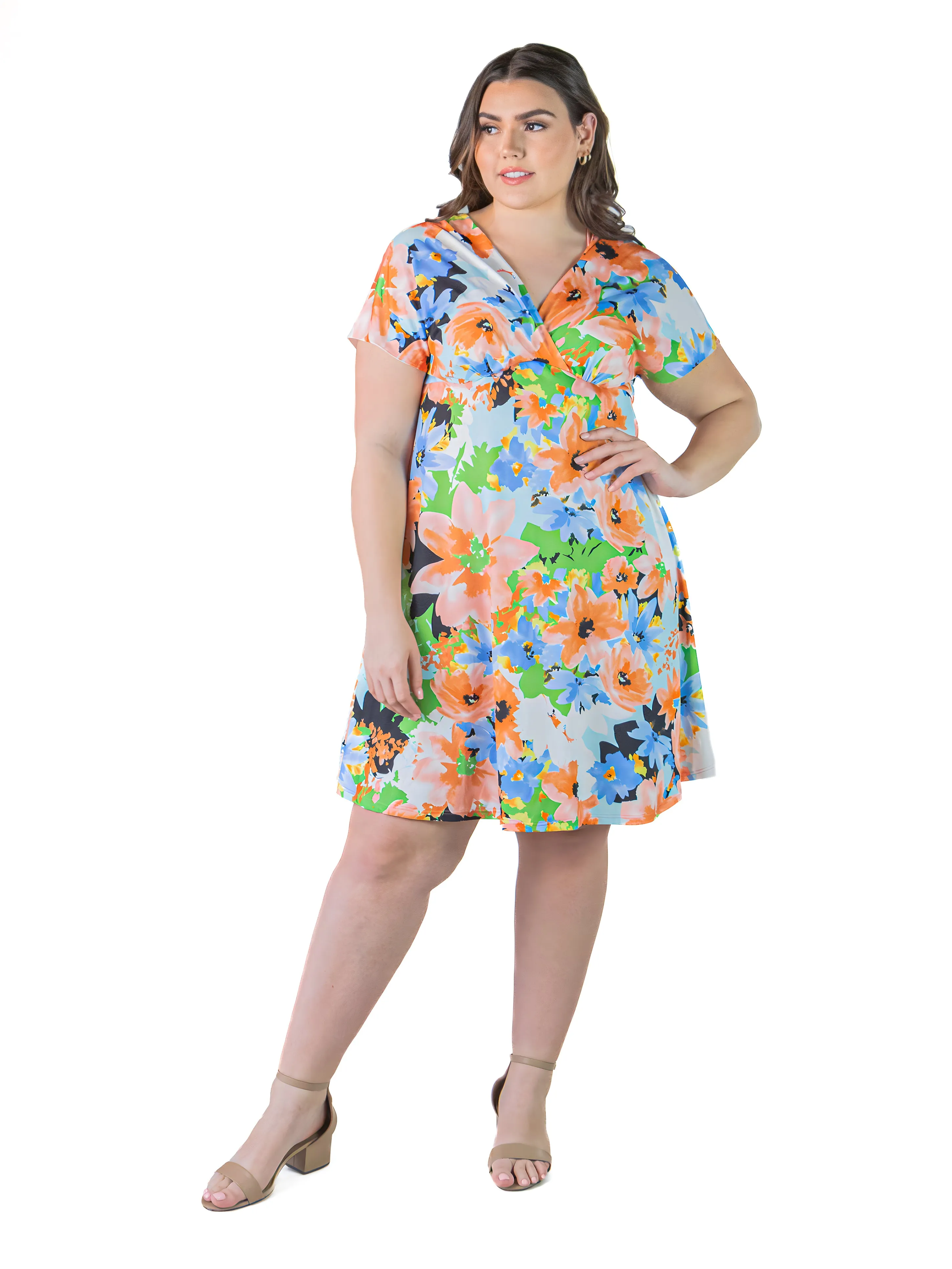 Plus Size Pastel Floral Empire Waist Flowy Knee Length Dress