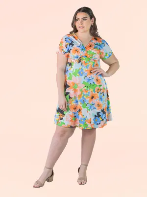 Plus Size Pastel Floral Empire Waist Flowy Knee Length Dress