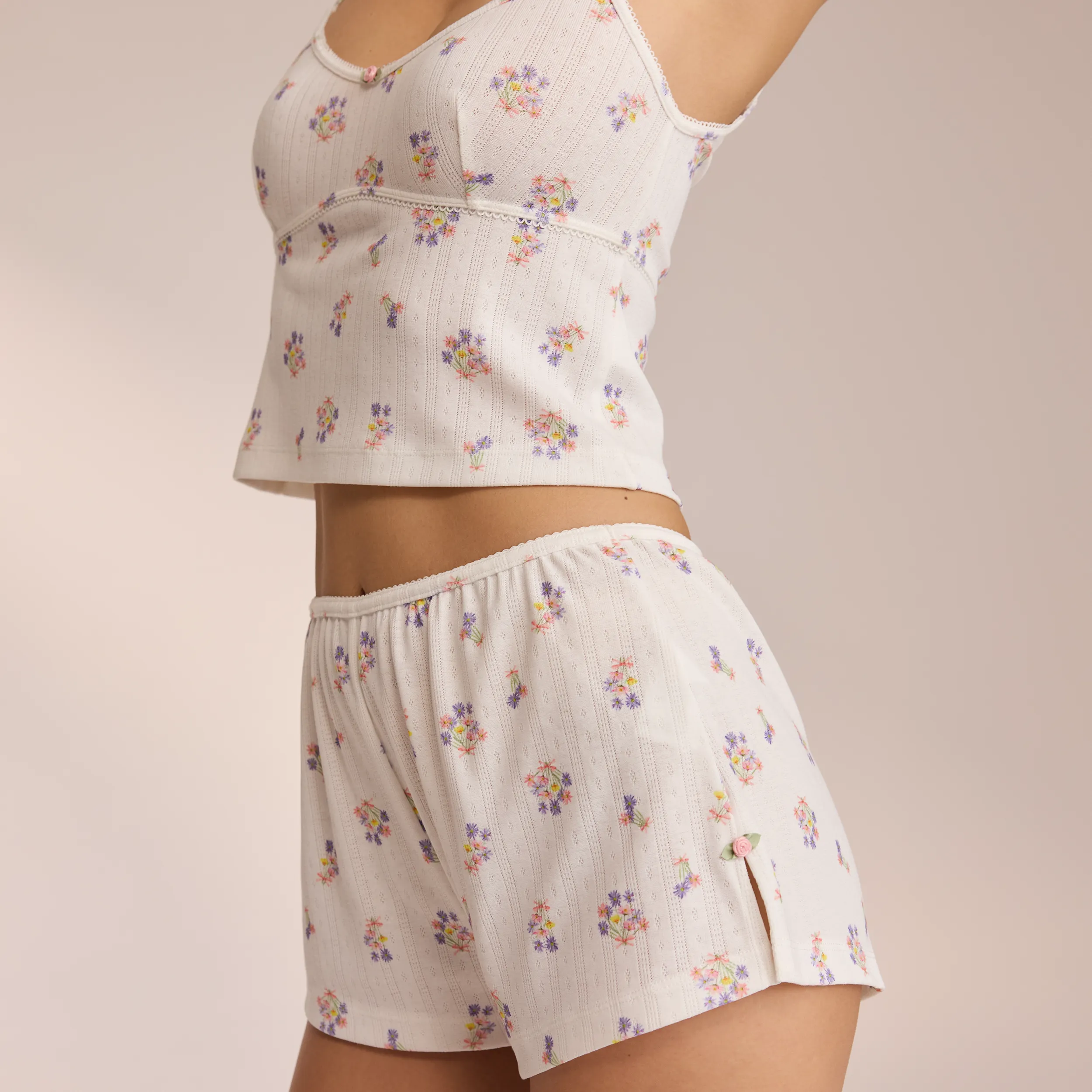 Pointelle Pyjama Shorts - White Floral