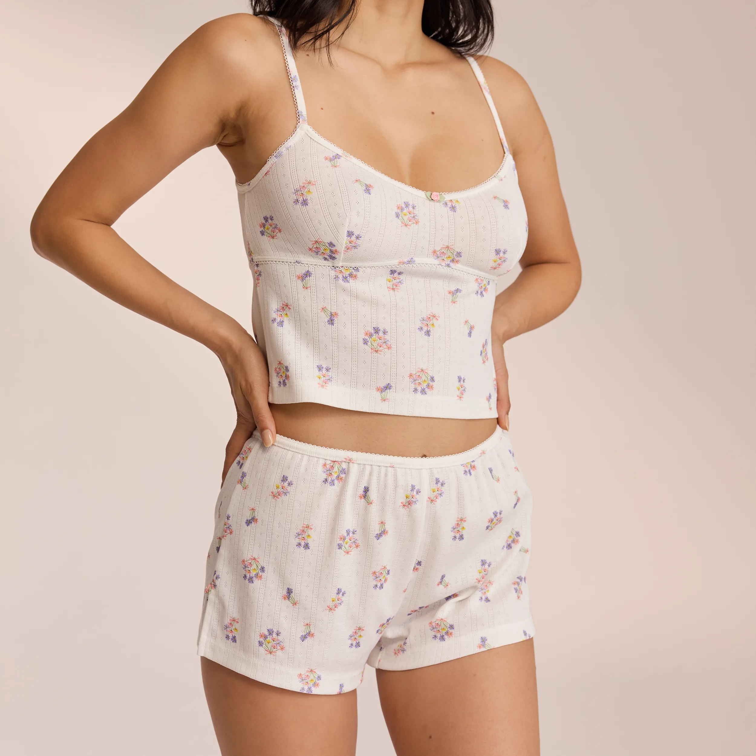 Pointelle Pyjama Shorts - White Floral