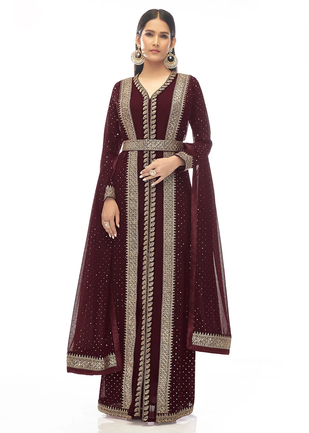 Premium Georgette Anger Red Jacket Style Anarkali Dress