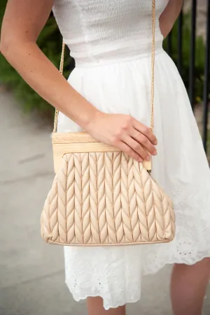 Rachel Quilted Clutch | Wooden Handle Closure Handbag | Soft Leather Chevron Quilting