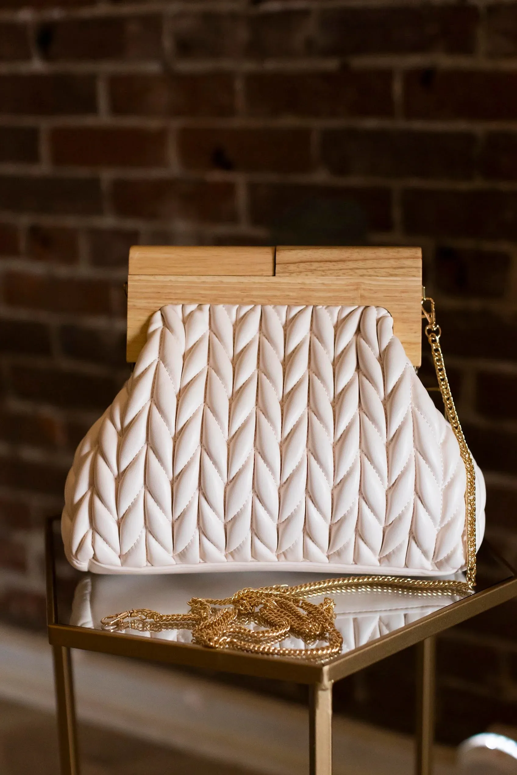 Rachel Quilted Clutch | Wooden Handle Closure Handbag | Soft Leather Chevron Quilting