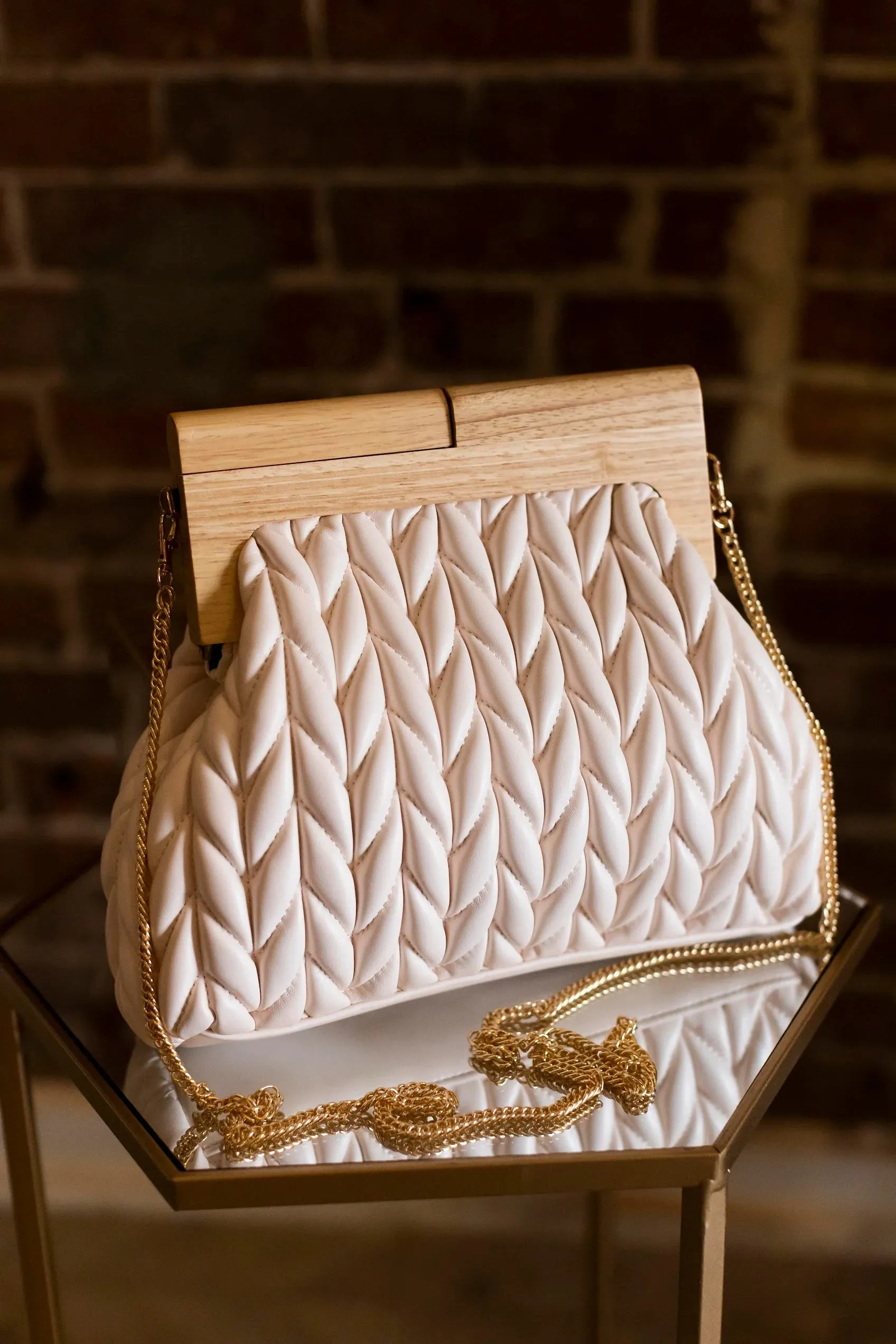 Rachel Quilted Clutch | Wooden Handle Closure Handbag | Soft Leather Chevron Quilting