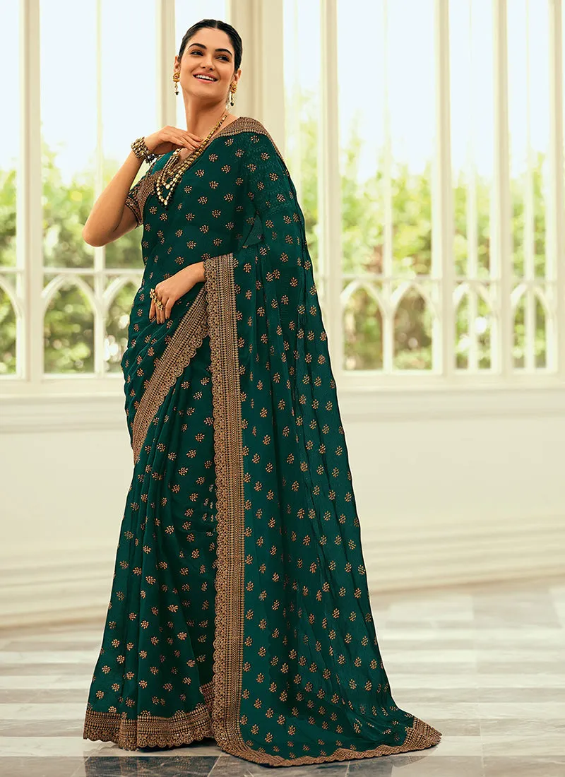 Rama Green Sequence Embroidery Wedding Silk Saree