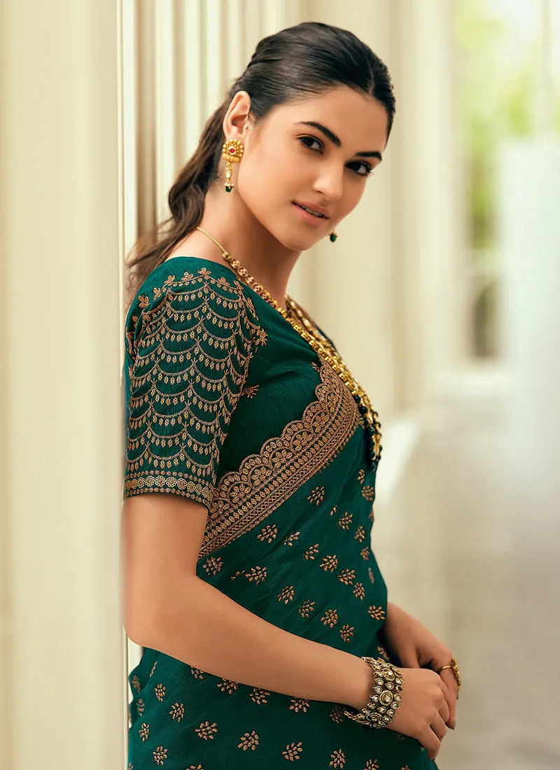 Rama Green Sequence Embroidery Wedding Silk Saree