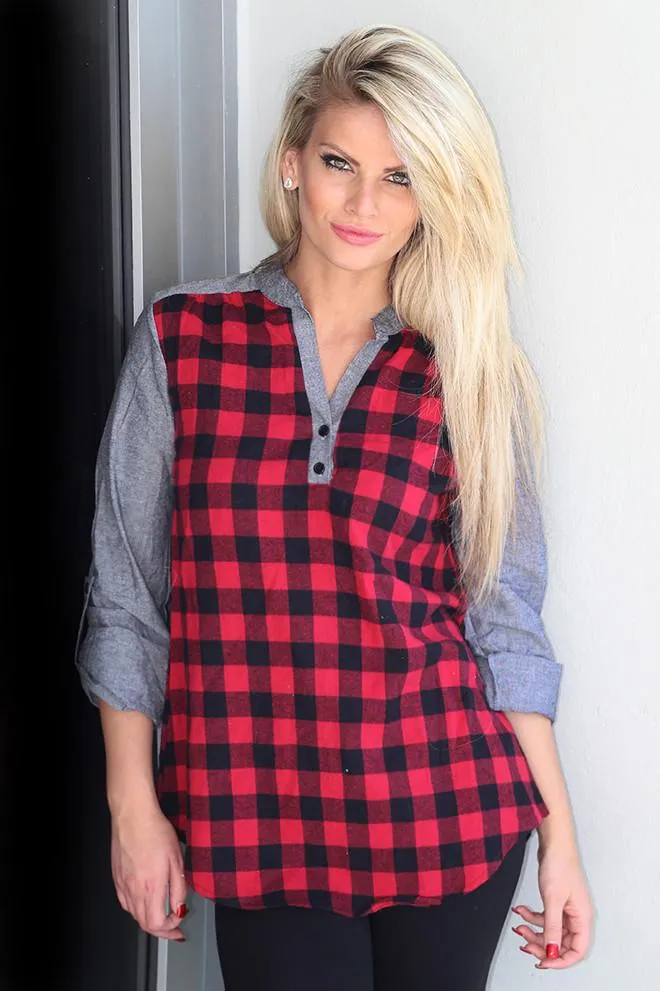 Red And Black Plaid Top With Gray Sleeves