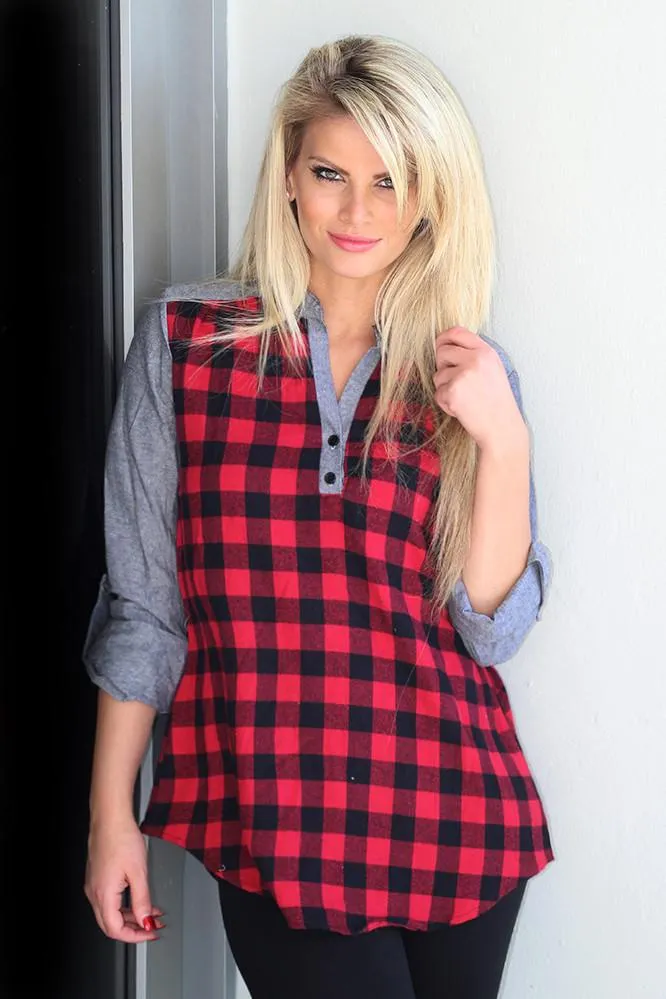 Red And Black Plaid Top With Gray Sleeves