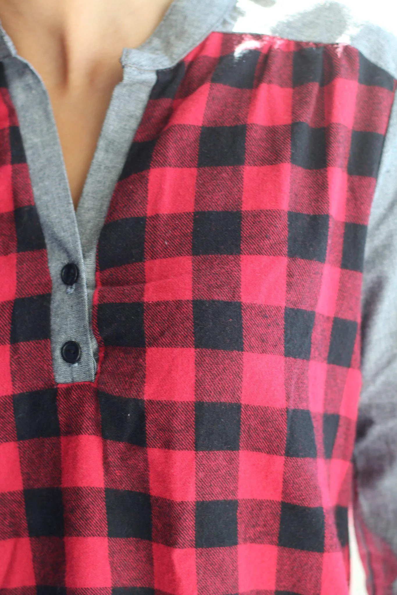 Red And Black Plaid Top With Gray Sleeves